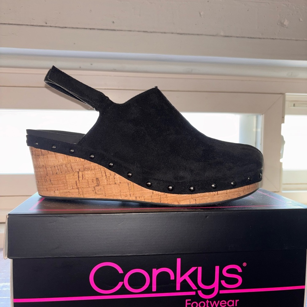 Corkys Women's Black Suede Cork Wedge Clog - Black